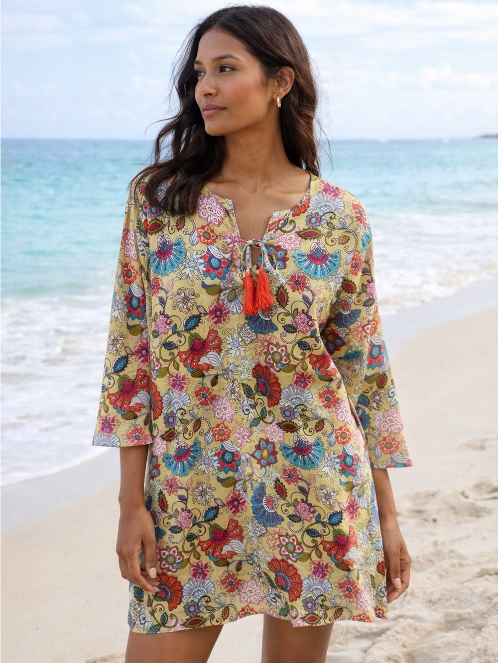 Floral Paisley Cotton Tassel Tie Tunic Top Size Large Boho Peasant Style NWT